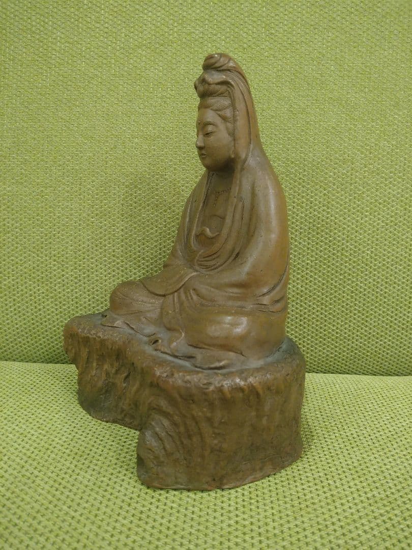 陶器製 仏像 座像、備前焼の観音様座像A1、№009、古い備前焼置物、希少品、