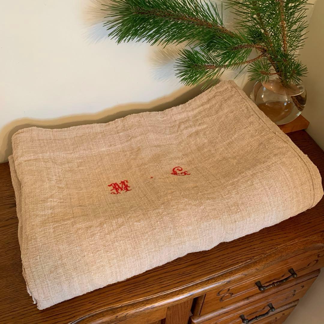 フランス＊アンティークホームスパンリネンシーツです＊手紬手織りシャンブルリネン