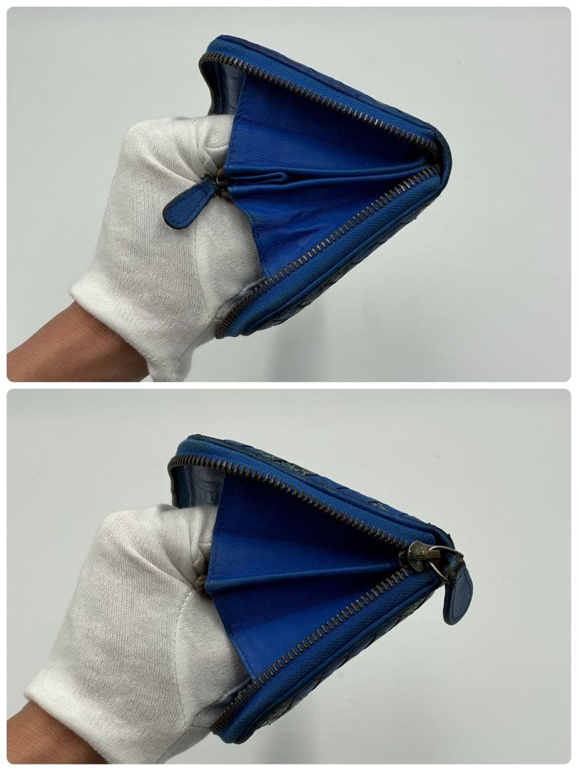 ボッテガヴェネタ　長財布　イントレチャート　ラウンドファスナー　青　パイソン