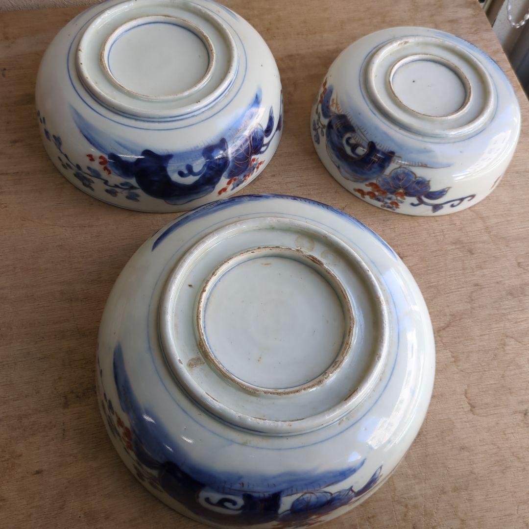 骨董 古伊万里 三っ丼 大中小 鉢 染め付け 花と鳥 二重高台 器