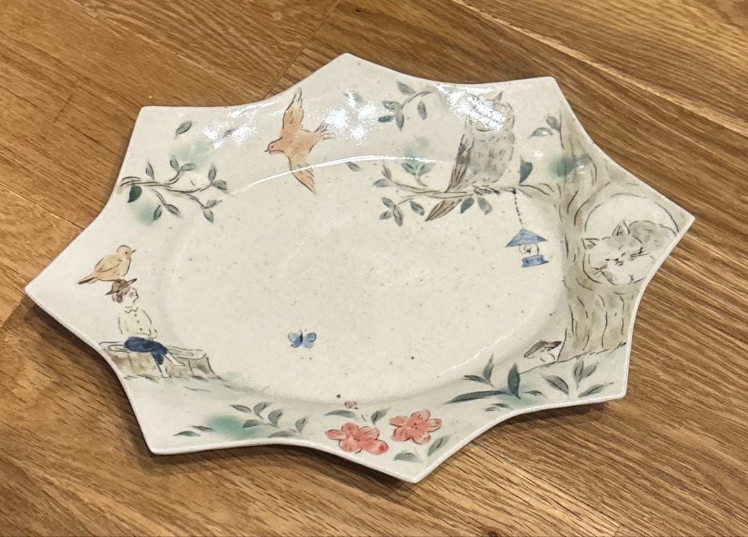 長谷川風子　スケッチ　八角形の鳥とフクロウの皿　オーバル