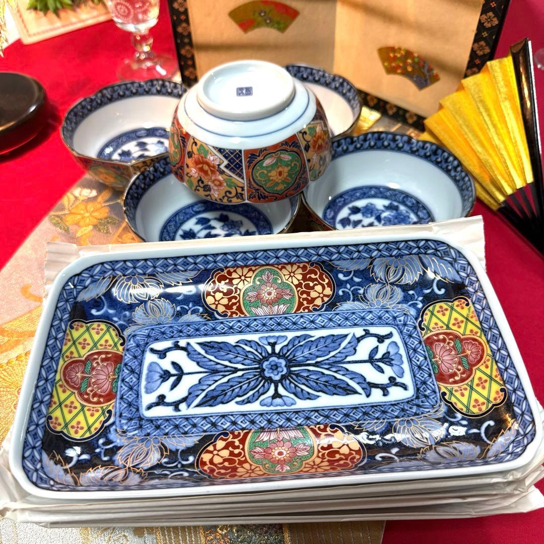 美品　吾山窯　金彩　伊万里長皿　豪華古伊万里小鉢　全10客 No.4-7