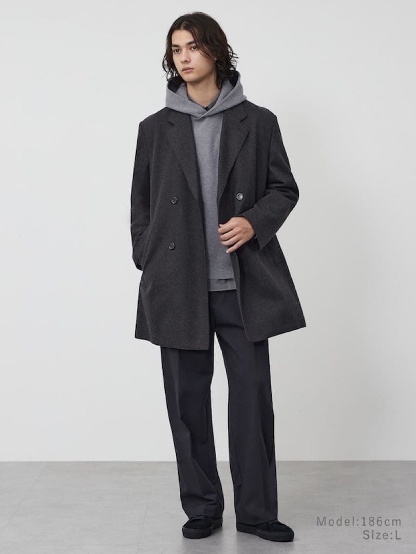 【PLST】ダブルブレストコート　ダークグレー　L