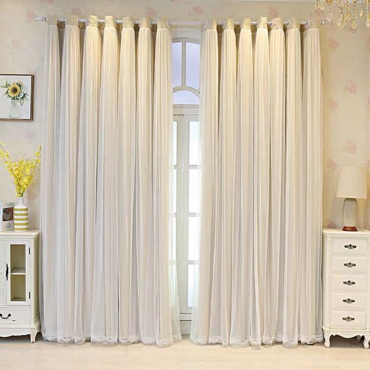 新品　カーテン　2倍ヒダ　アジャスターフック　ベージュ　二重　姫系　レース付き