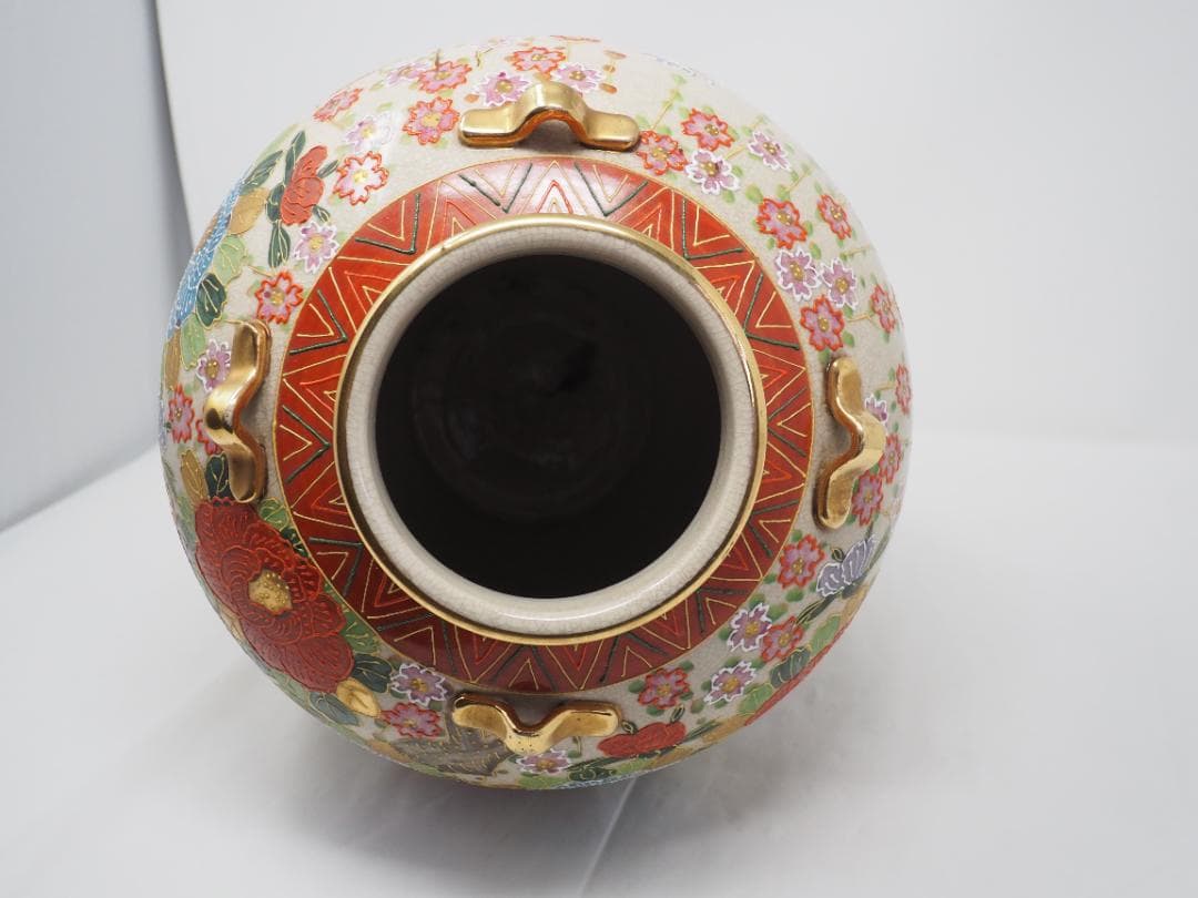 色絵金彩花鳥図　花瓶　薩摩焼　耳付壺　-SO