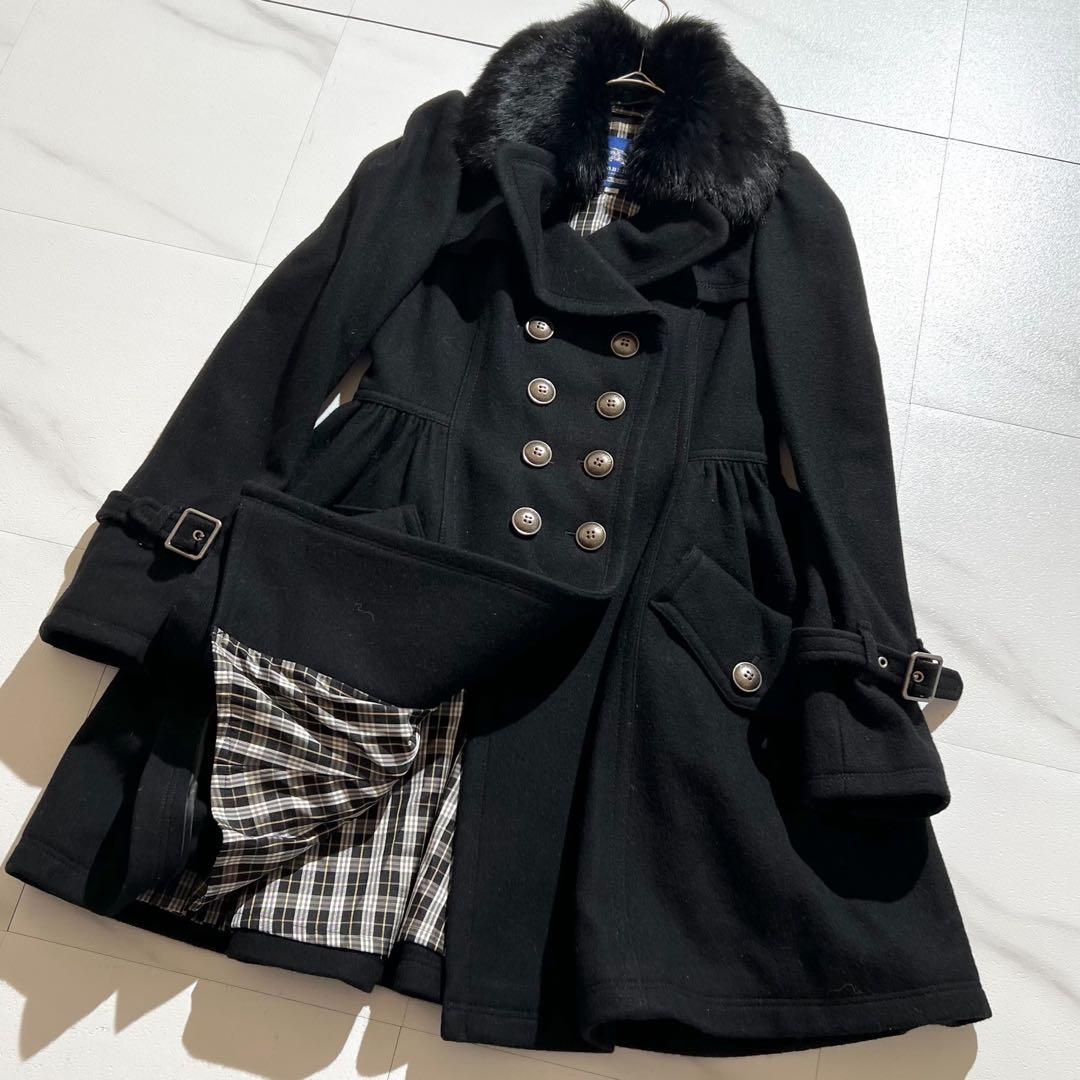 バーバリーブルーレーベル　トレンチコート　ノバチェック　金ボタン　ラビットファー