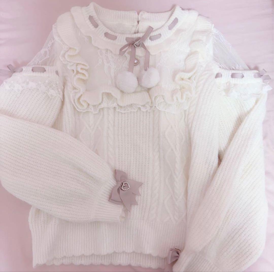 ♡LIZLISA リズリサ ポンポンリボンレースヨークニットトップス♡