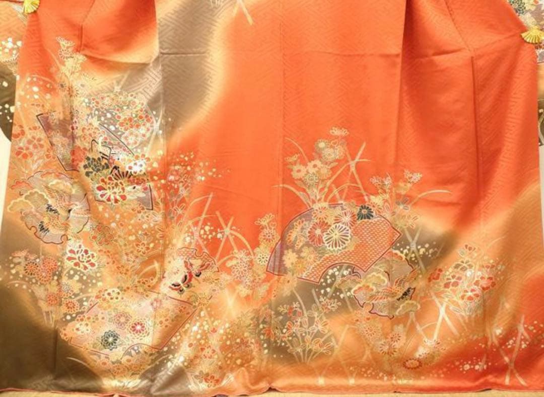 振袖フルセット6点サイズM〜Ｌ駒刺繍　地紙御所車文　暈し染め　金銀彩　正絹