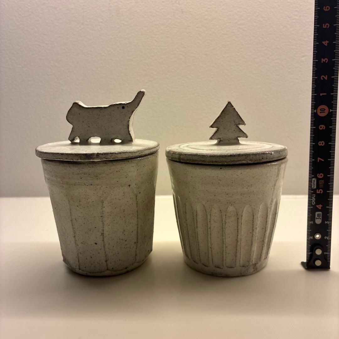 篠崎英夫　器　益子焼　蓋付き　猫　クリスマスツリー