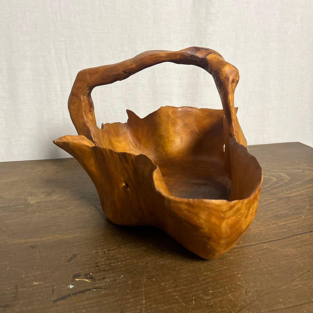 古雑貨 天然木◼︎くり抜き カゴ 鉢カバー バスケット 工芸品 ディスプレイ