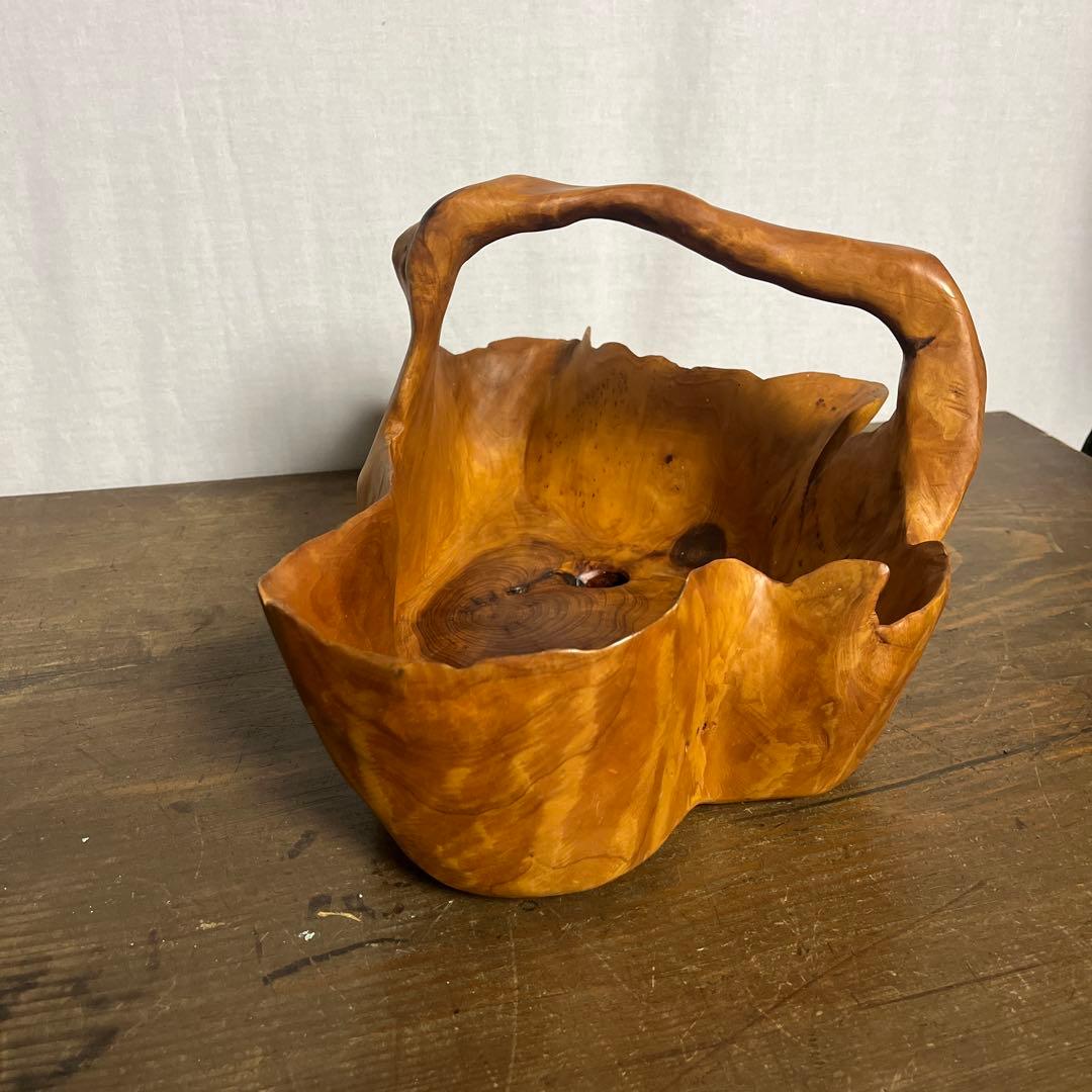 古雑貨 天然木◼︎くり抜き カゴ 鉢カバー バスケット 工芸品 ディスプレイ
