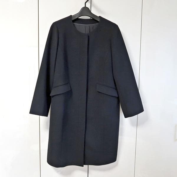 美品■レリアン■大きいサイズ13+■上品なノーカラーミディアム丈のコート■黒■