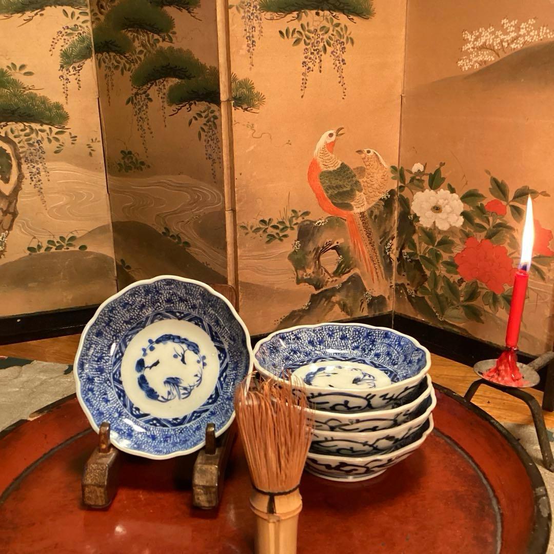 A929 古伊万里　染付　微塵唐草　萩唐草　輪花型中皿　浅鉢　　5枚