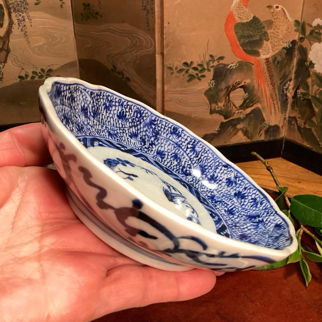 A929 古伊万里　染付　微塵唐草　萩唐草　輪花型中皿　浅鉢　　5枚