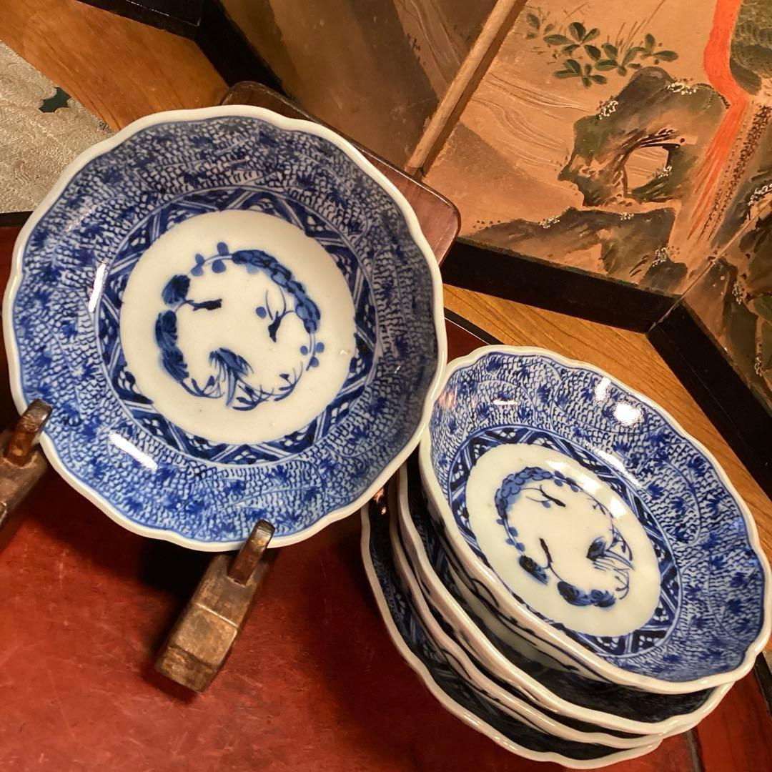 A929 古伊万里　染付　微塵唐草　萩唐草　輪花型中皿　浅鉢　　5枚