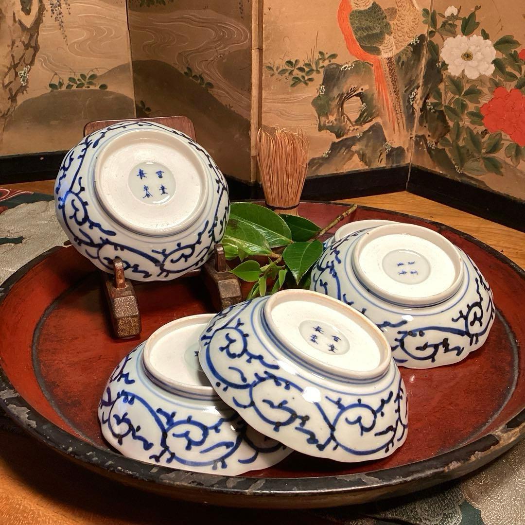 A929 古伊万里　染付　微塵唐草　萩唐草　輪花型中皿　浅鉢　　5枚