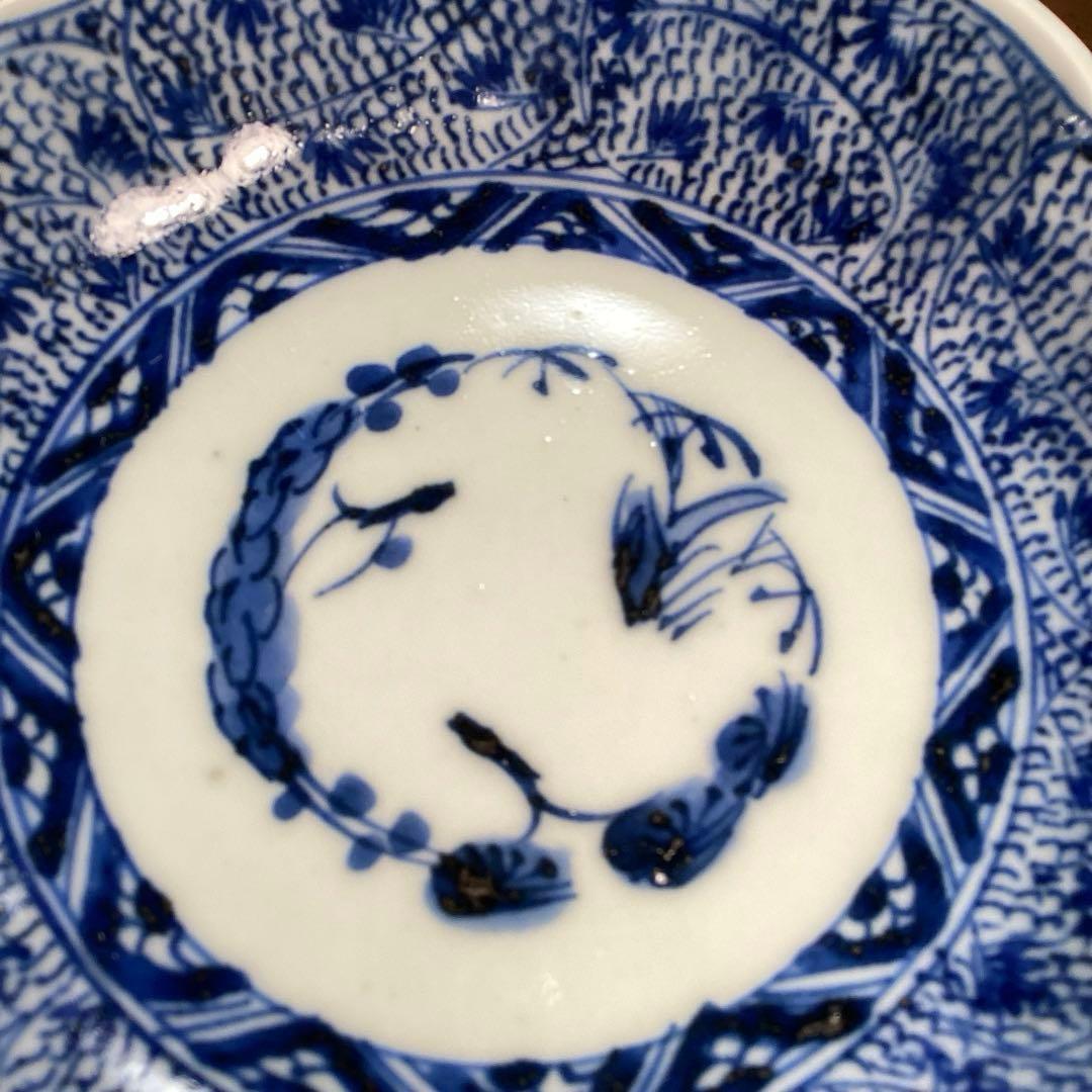 A929 古伊万里　染付　微塵唐草　萩唐草　輪花型中皿　浅鉢　　5枚