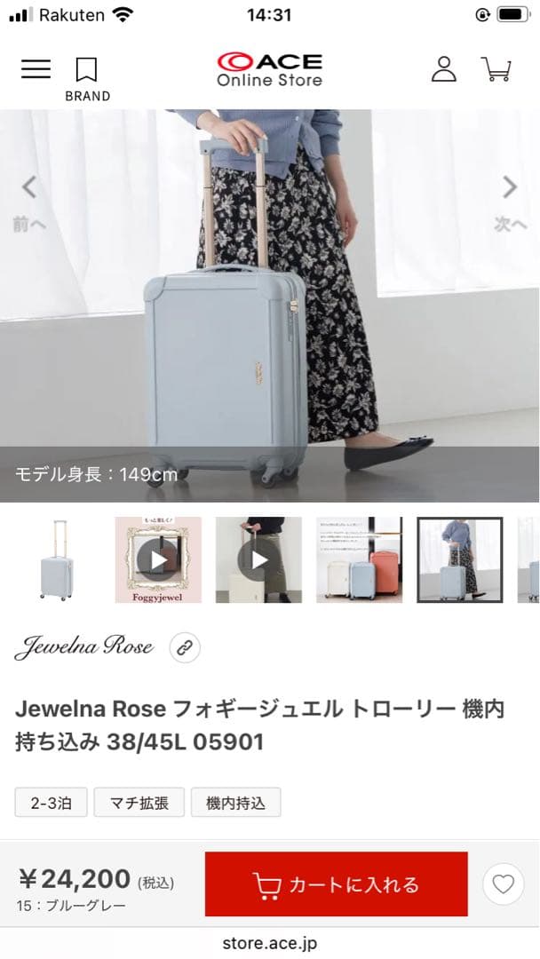 Jewelna Rose フォギージュエル トローリー 38/45L グレー
