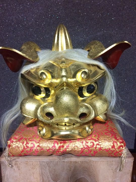 獅子頭木彫彫刻置物 金塗り 共箱