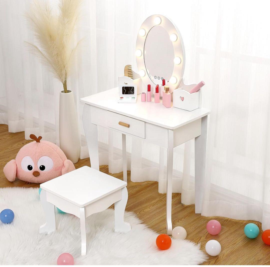Thinkmax 子供ドレッサー おままごと　椅子付き LEDライト ホワイト