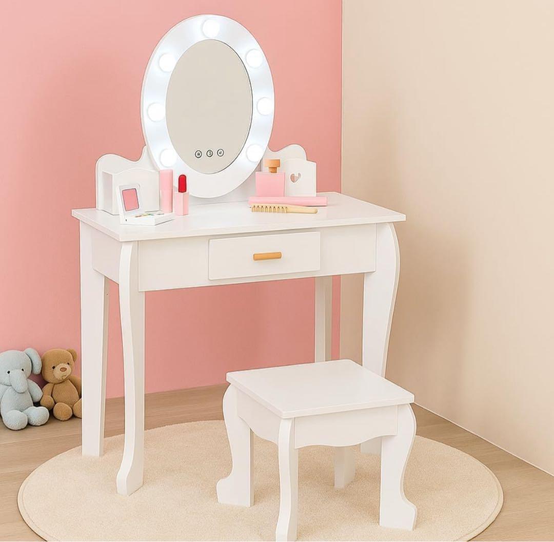 Thinkmax 子供ドレッサー おままごと　椅子付き LEDライト ホワイト