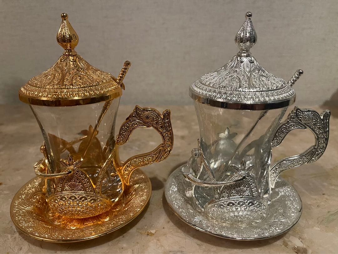 【6個セット】小物入れ、ジュエリーケース、爪楊枝入れ、砂糖、クリープ、金色、銀色