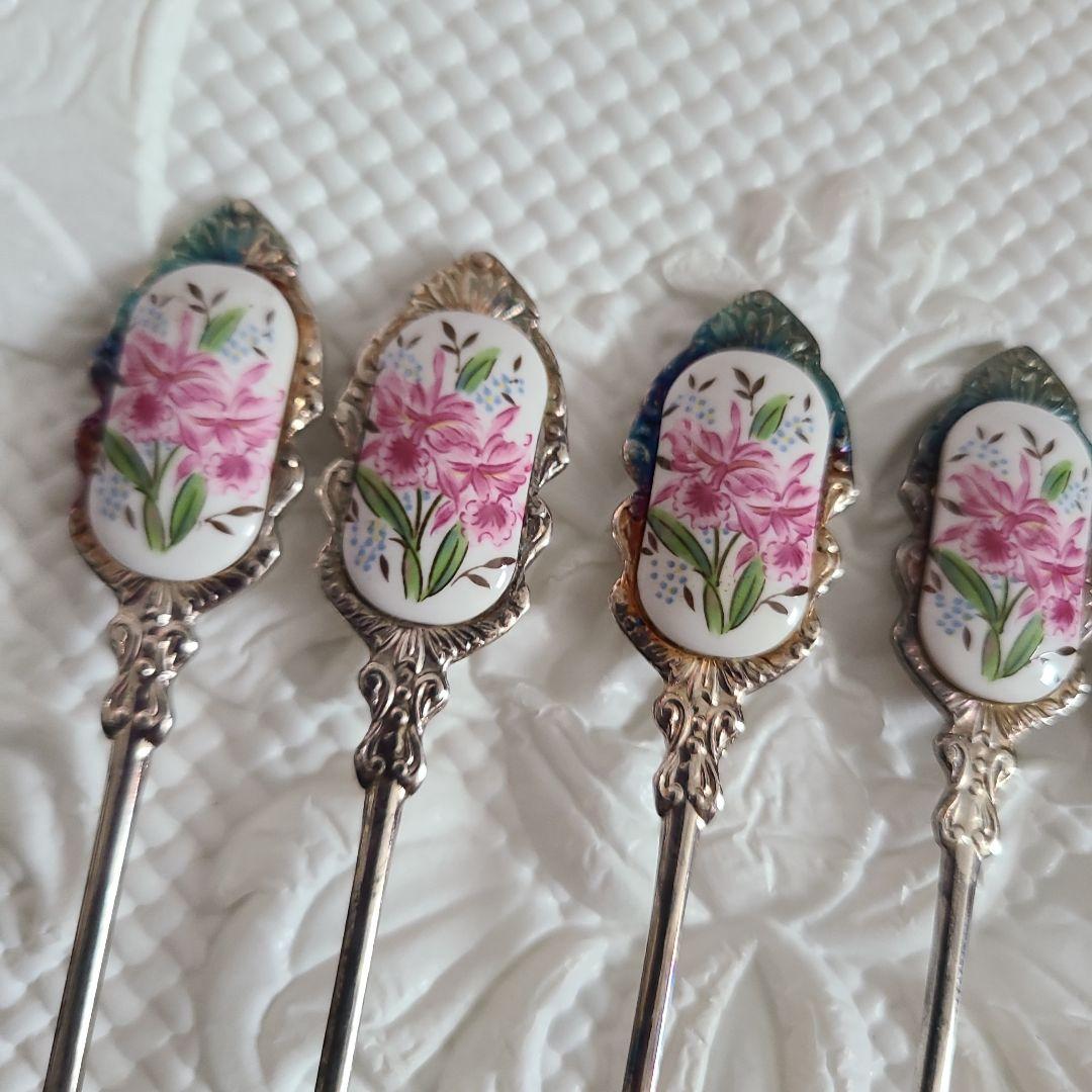 中古【 七宝焼 】銀メッキ 花 ローズ アンティーク 昭和レトロ フォーク