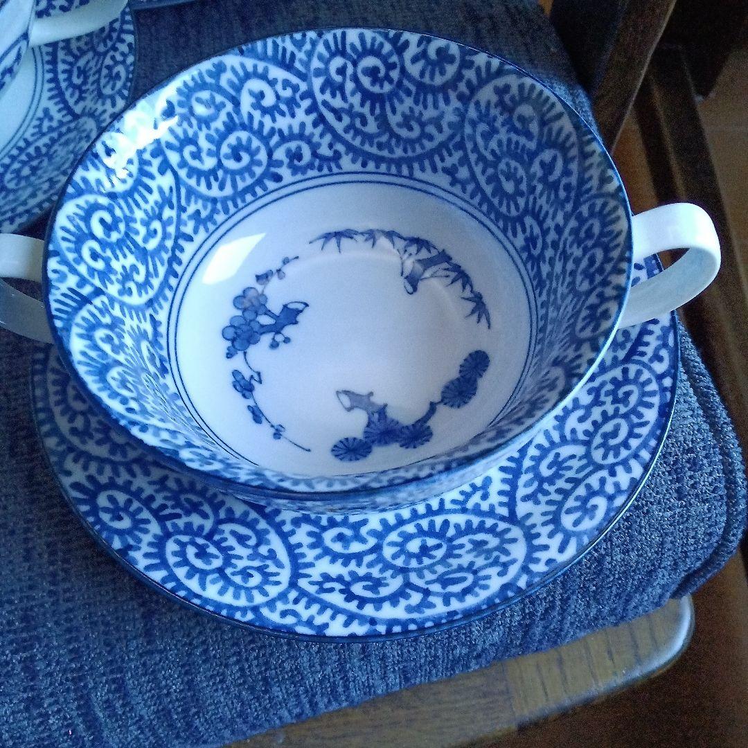 波佐見焼　藍染窯　蛸唐草　染めつけ　スープカップ&ソーサー5セット