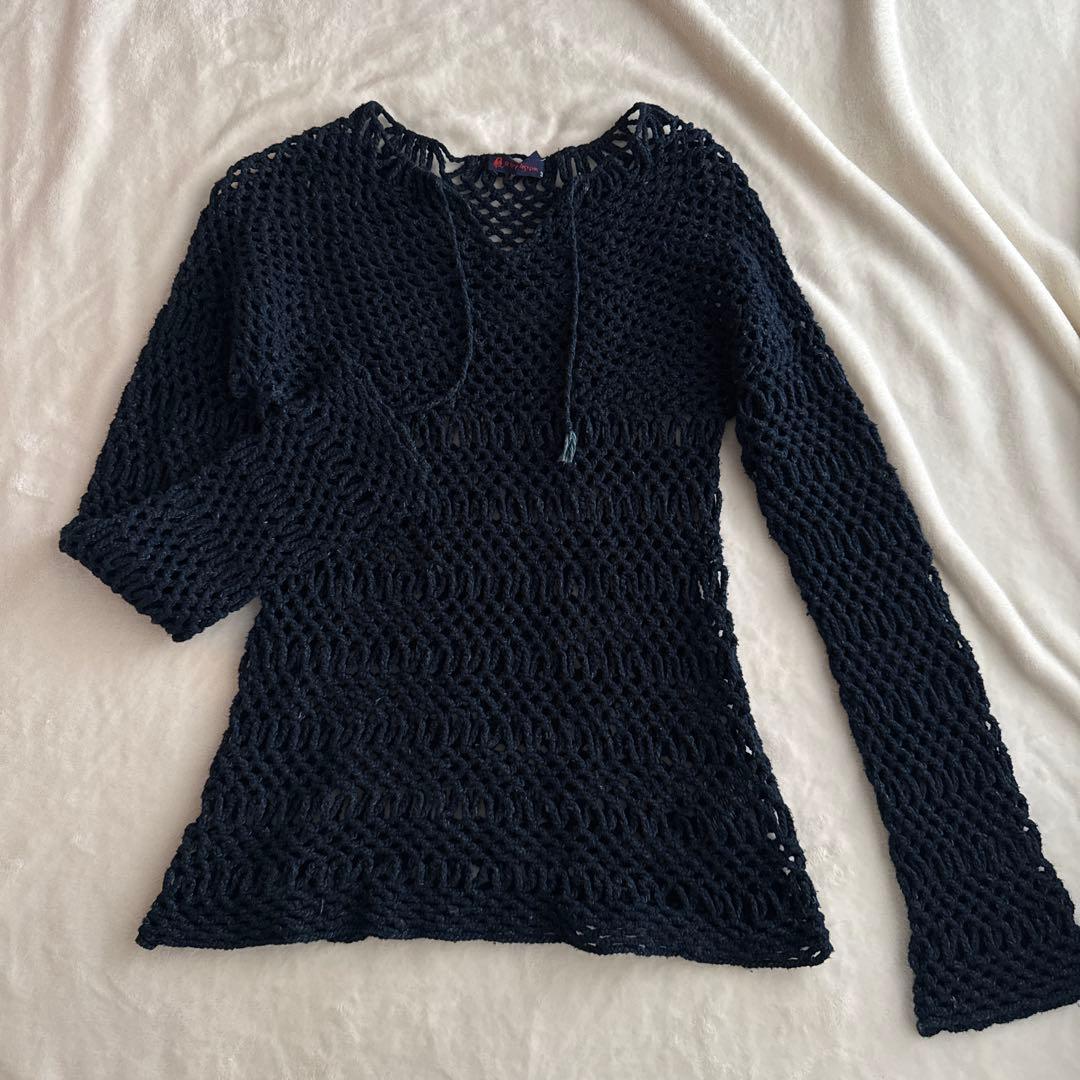 45R 本藍染 インディゴコットン メッシュ 編み込みニット 綿100%