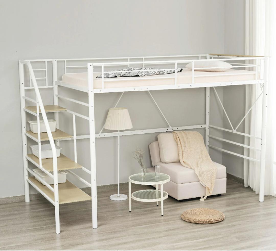 ロフトベッド【SD・セミダブル】　階段・コンセント付き　スチール製　BLACK