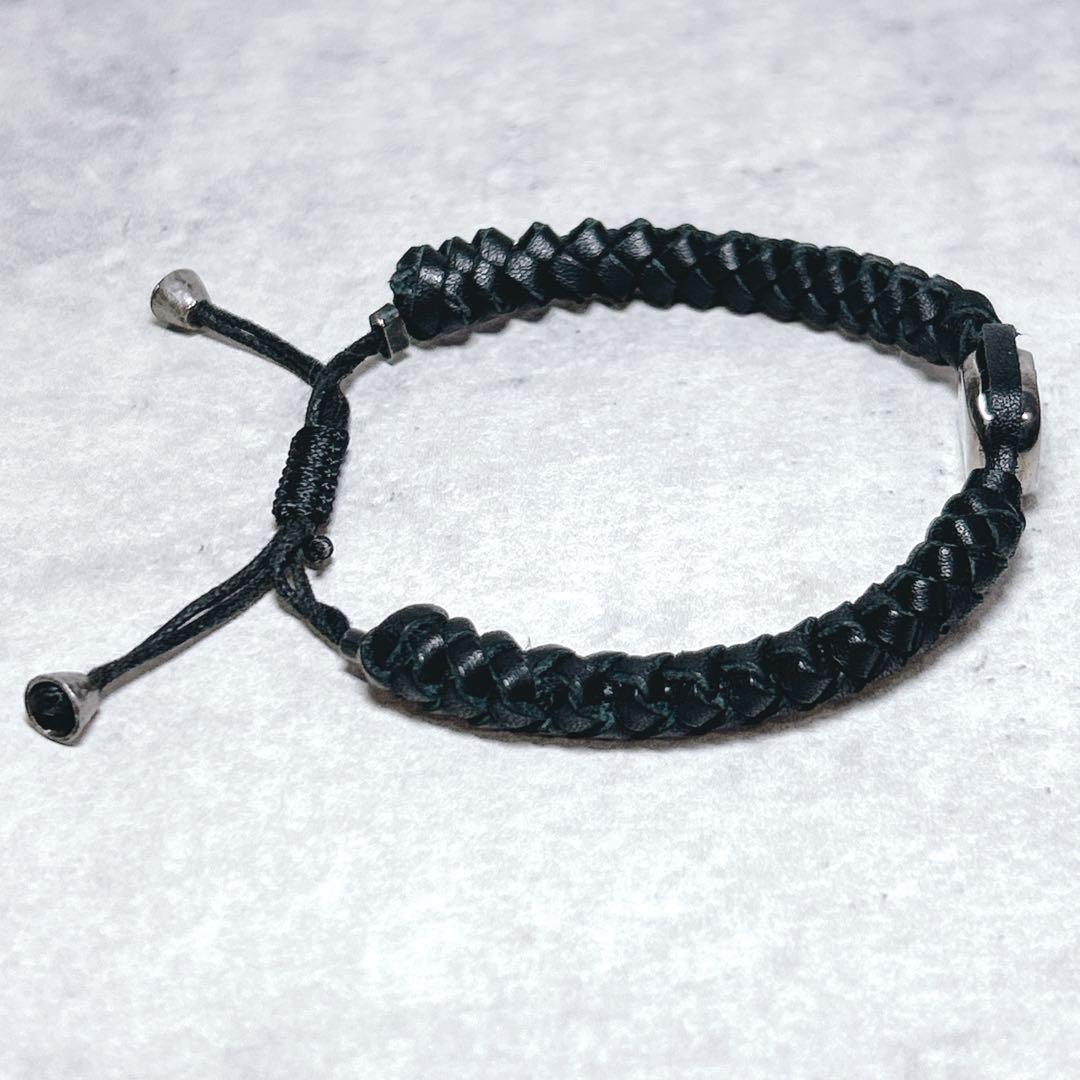 GUCCI グッチ クレスト シルバー925 レザーブレスレット 編み込み 黒