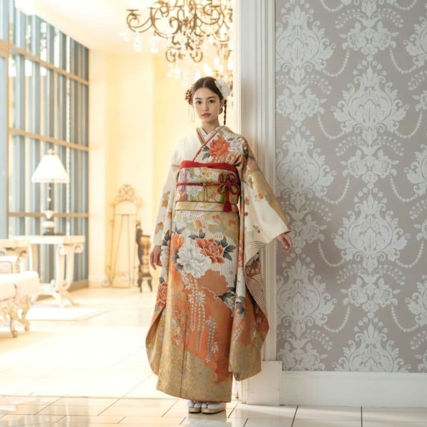 振袖フルセット(7点)・成人式・金銀彩加工・くすみ・白・古典柄・大輪牡丹