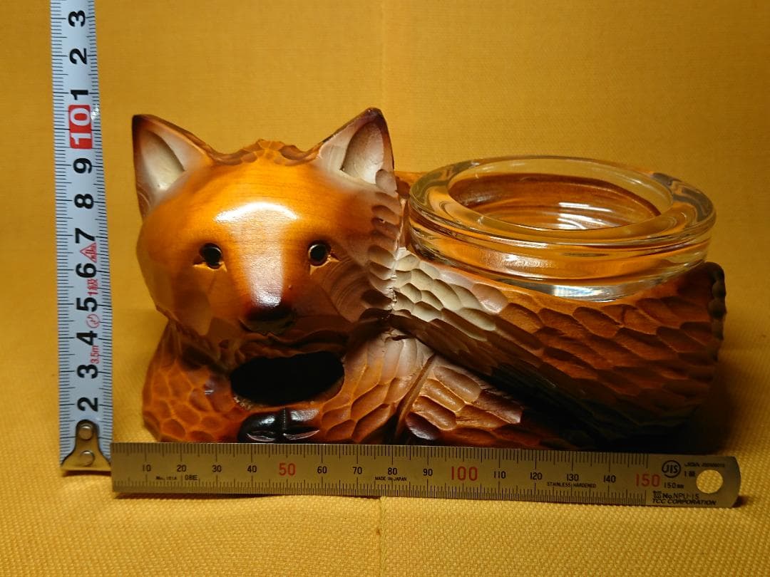 【美品】キツネ　狐　木彫　ガラス　置物　インテリア　工芸品　美術品　A1039
