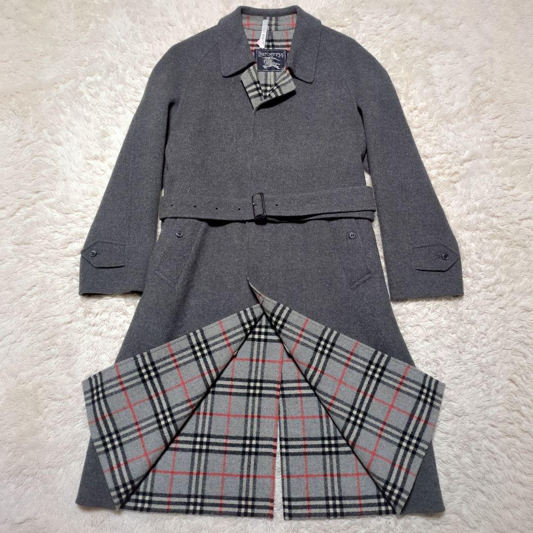 美品！バーバリー　ウールロングコート　L　裏地ノバチェック　グレー　ベルト付き