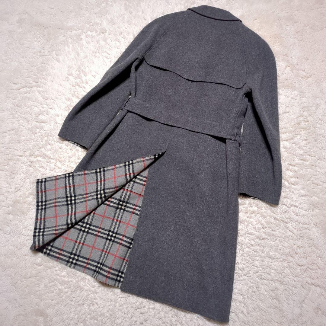 美品！バーバリー　ウールロングコート　L　裏地ノバチェック　グレー　ベルト付き
