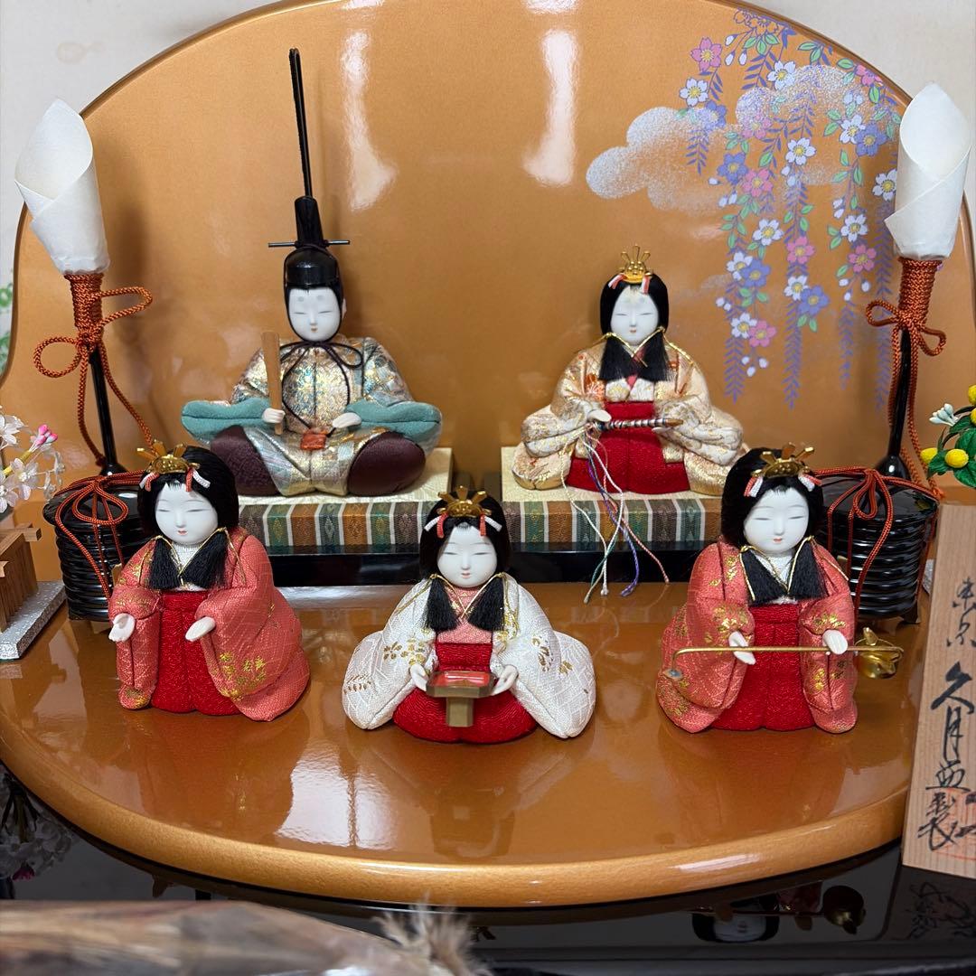 雛人形 5体セット　台座屏風　羽はたき付き