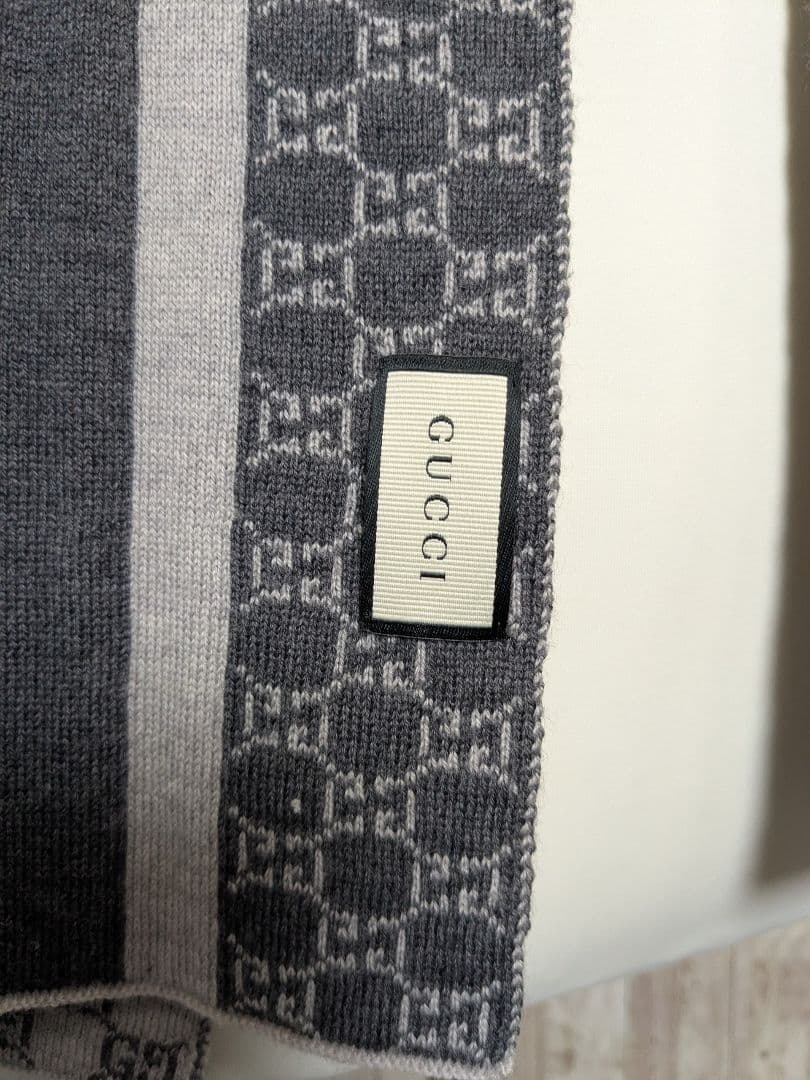 GUCCI グッチマフラー ウール グレイ 総柄 メンズ GGマーク