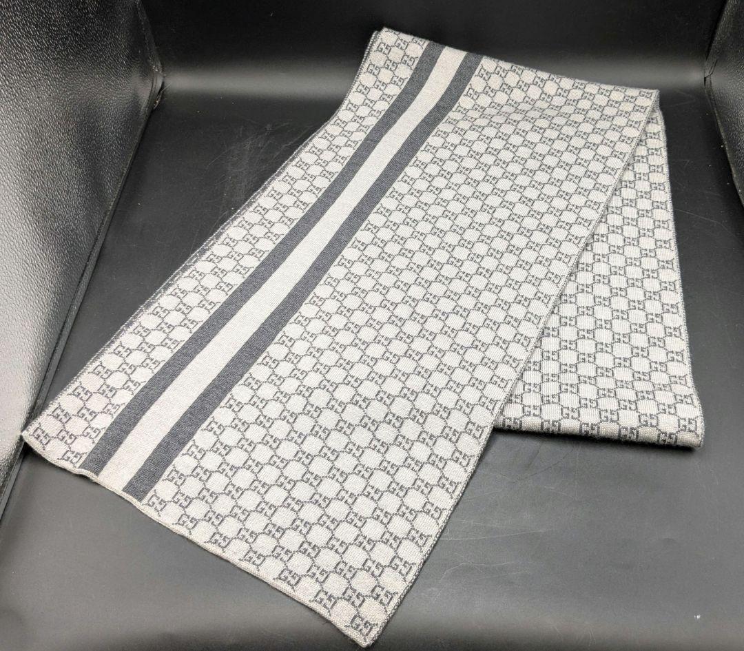 GUCCI グッチマフラー ウール グレイ 総柄 メンズ GGマーク