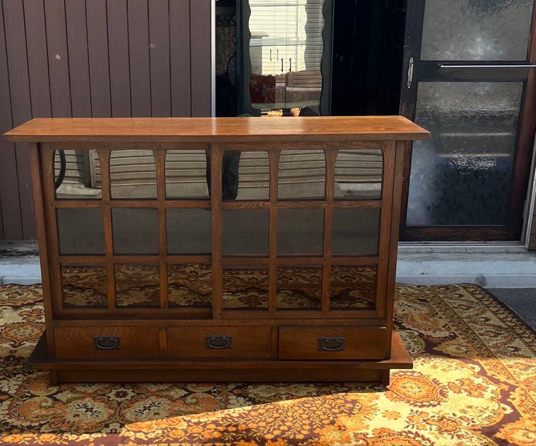 民芸 水屋箪笥 食器棚 和 格子ガラス 引き戸 古民家 昭和レトロ 飾り棚