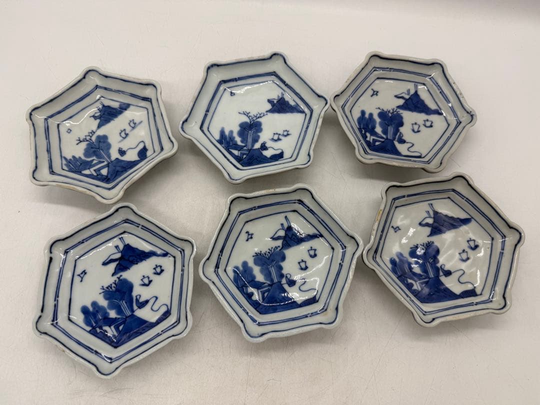 明時代　古染　染付山水人物紋角皿6点　古渡　送料込み251221