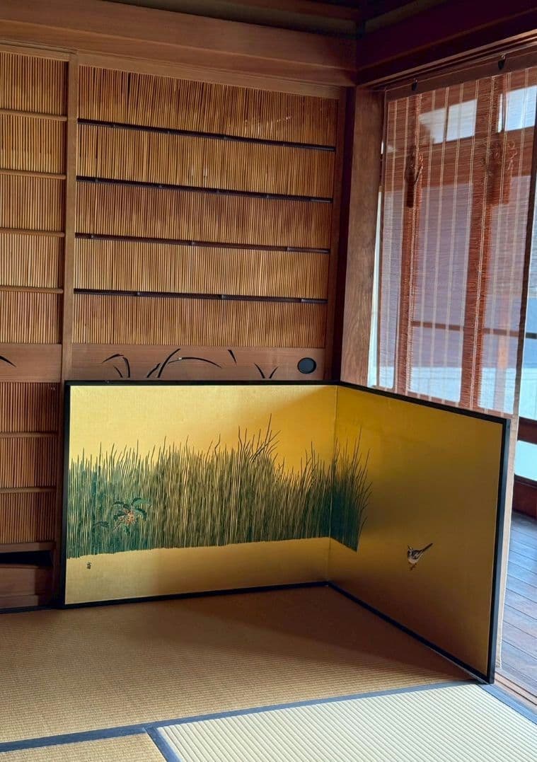 風炉先屏風 ！木賊に鶺鴒 裏は墨絵 竹に雀 リバーシブル 表裏使えます！