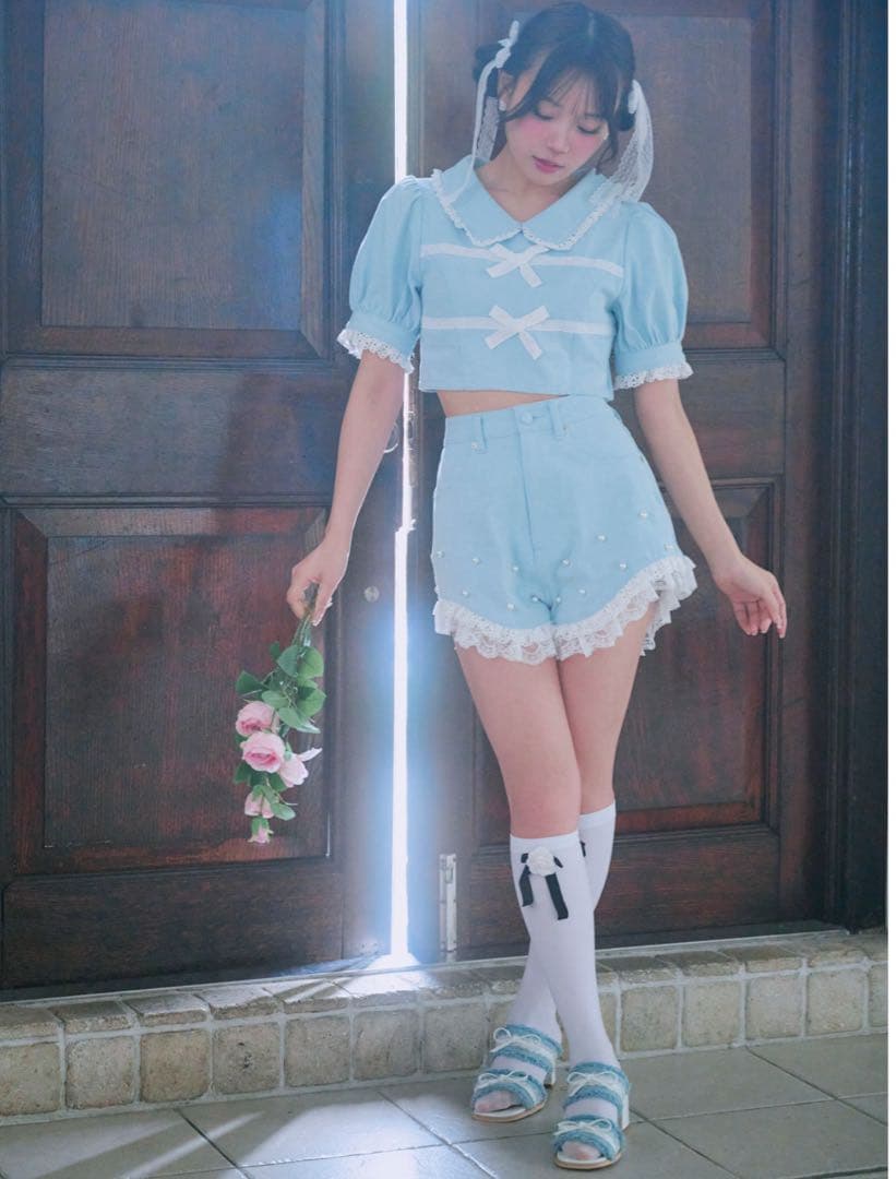 ミーロワールおリボンレースパフTOPSパールレースショートパンツセットアップ