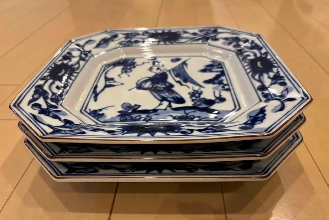 角皿 大吉窯　染付 仙人 人物 山水 武人 旗槍 大皿　３点セット