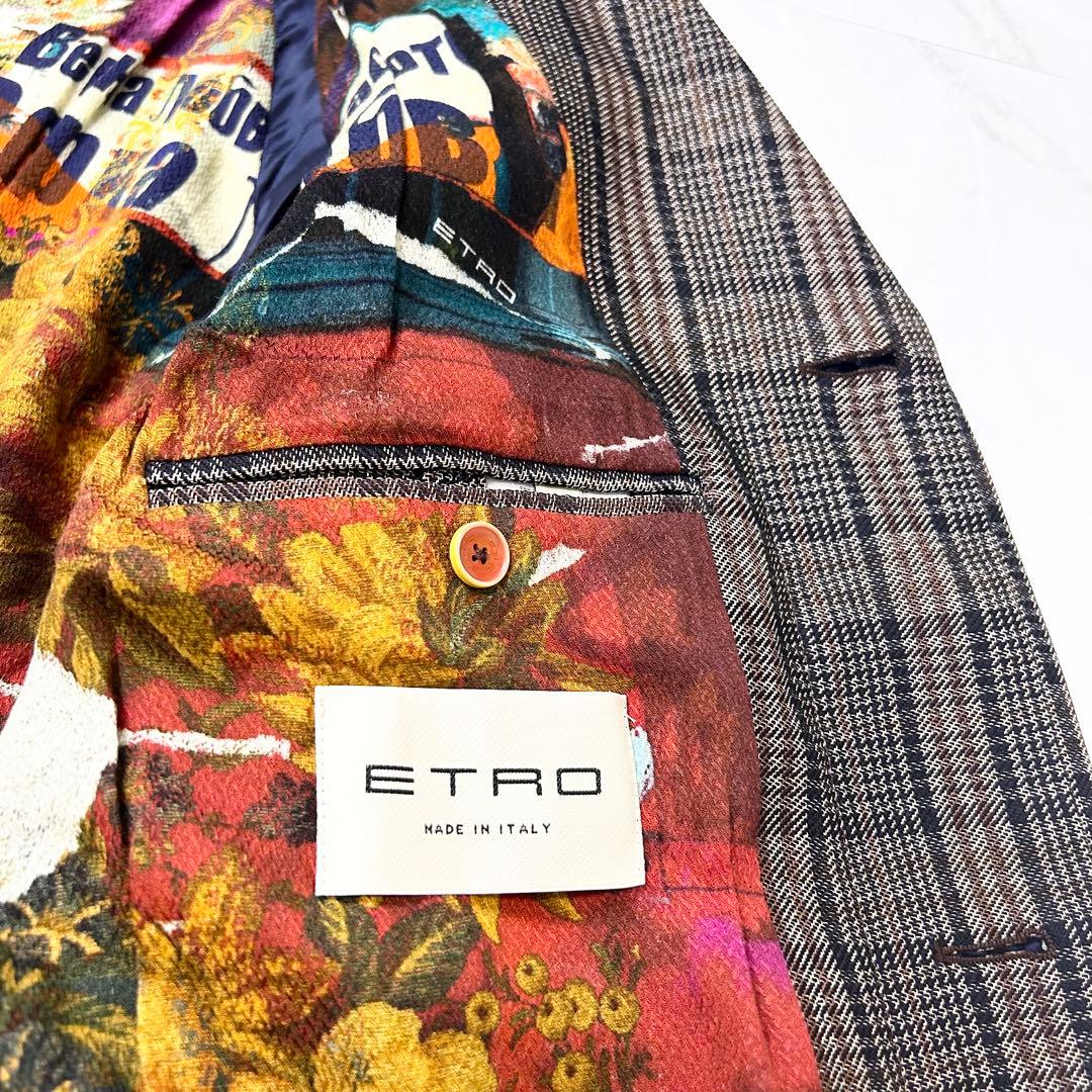 未使用に近い ETRO チェスター レザーポケット 総柄 ロングコート 48