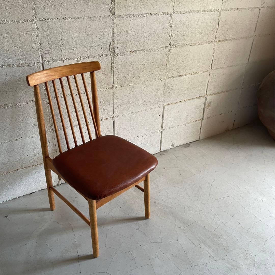 IKEDA 池田木工　ダイニングチェア　本革シボレザー張　昭和レトロ　天然木無垢
