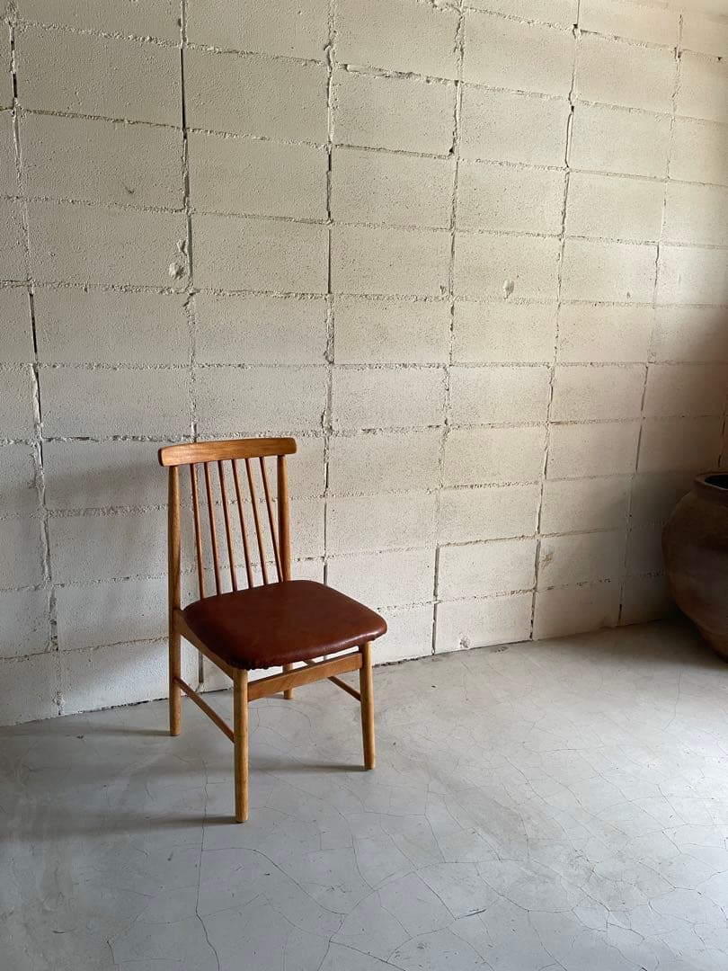 IKEDA 池田木工　ダイニングチェア　本革シボレザー張　昭和レトロ　天然木無垢