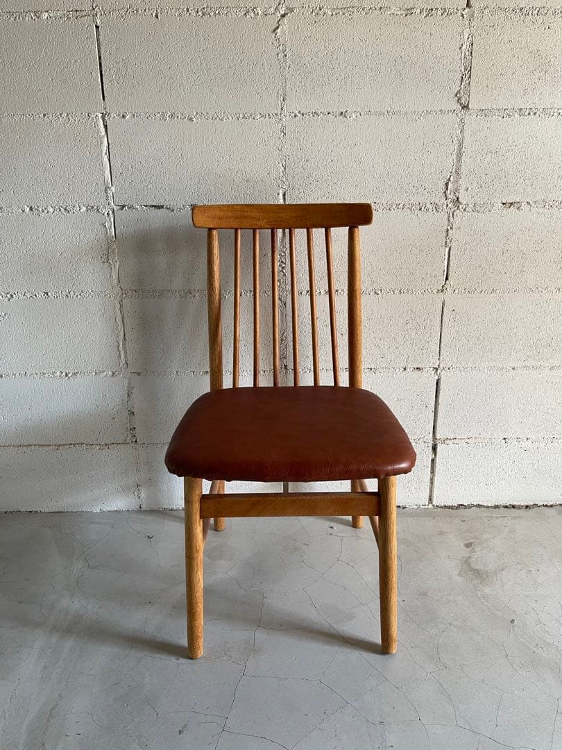 IKEDA 池田木工　ダイニングチェア　本革シボレザー張　昭和レトロ　天然木無垢