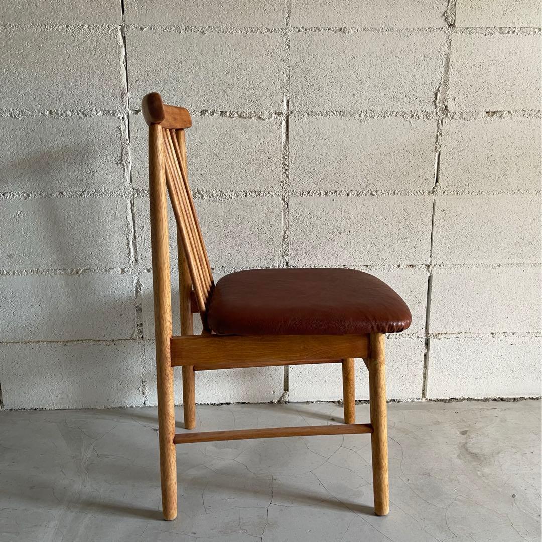 IKEDA 池田木工　ダイニングチェア　本革シボレザー張　昭和レトロ　天然木無垢