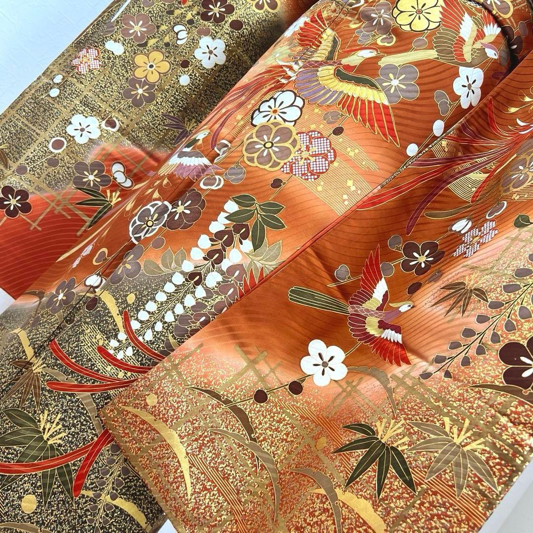 485 振袖フルセット 正絹 赤茶 テラコッタ 金彩 駒刺繍 暈し染め