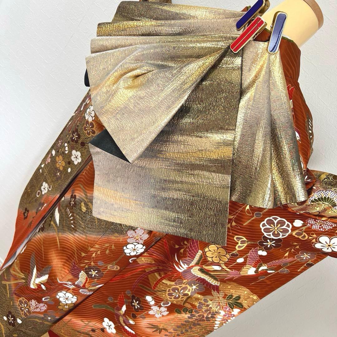 485 振袖フルセット 正絹 赤茶 テラコッタ 金彩 駒刺繍 暈し染め